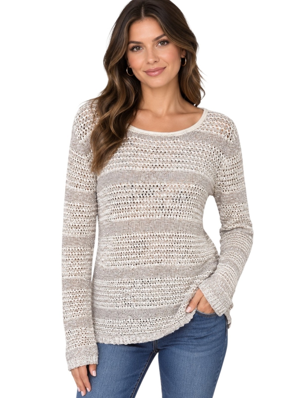 INC International Concepts Taupe & Cream Open-Knit Scoop Neck Sweater
